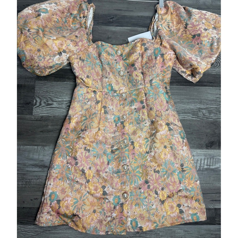 Floral Brocade Puffy Short Sleeve Mini Dress Pearl Button Square Neck Pink Gold